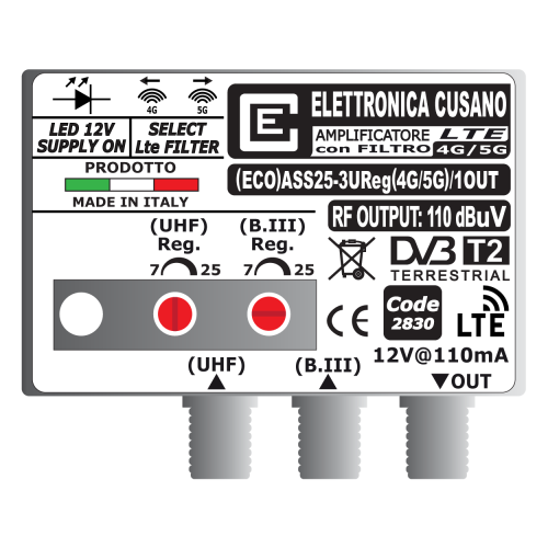 Amplificatore segnale Tv Filtro 4G/5G Bande 3U da 25dB Regolabili 1 uscita (ECO)ASS25-3UReg(4G/5G)/1OUT