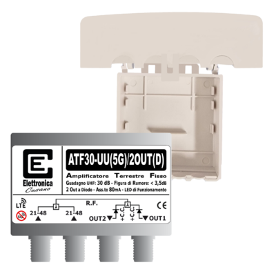<p>Amplificatore antenna <span style='color: #2fcc71,'><em><strong>2 uscite alimentate</strong></em></span> 2 UHF da <strong><span style='color: #e74c3c,'>30dB Fissi</span> e filtro 5G</strong> e livello di uscita IMD3 da 110dBµV</p>