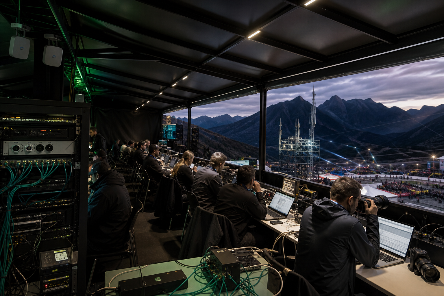 Media Center temporaneo con rete Wi-Fi e connettività professionale per giornalisti durante un evento