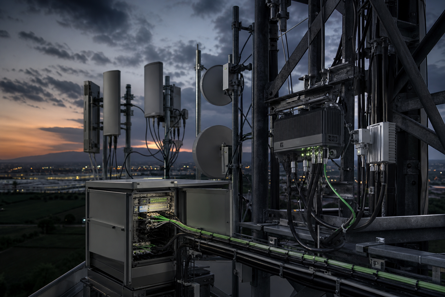 Interferenze FM su ponti radio Cambium: diagnosi e soluzioni Traliccio telecomunicazioni con antenne FM, BTS Cambium e collegamento in fibra ottica