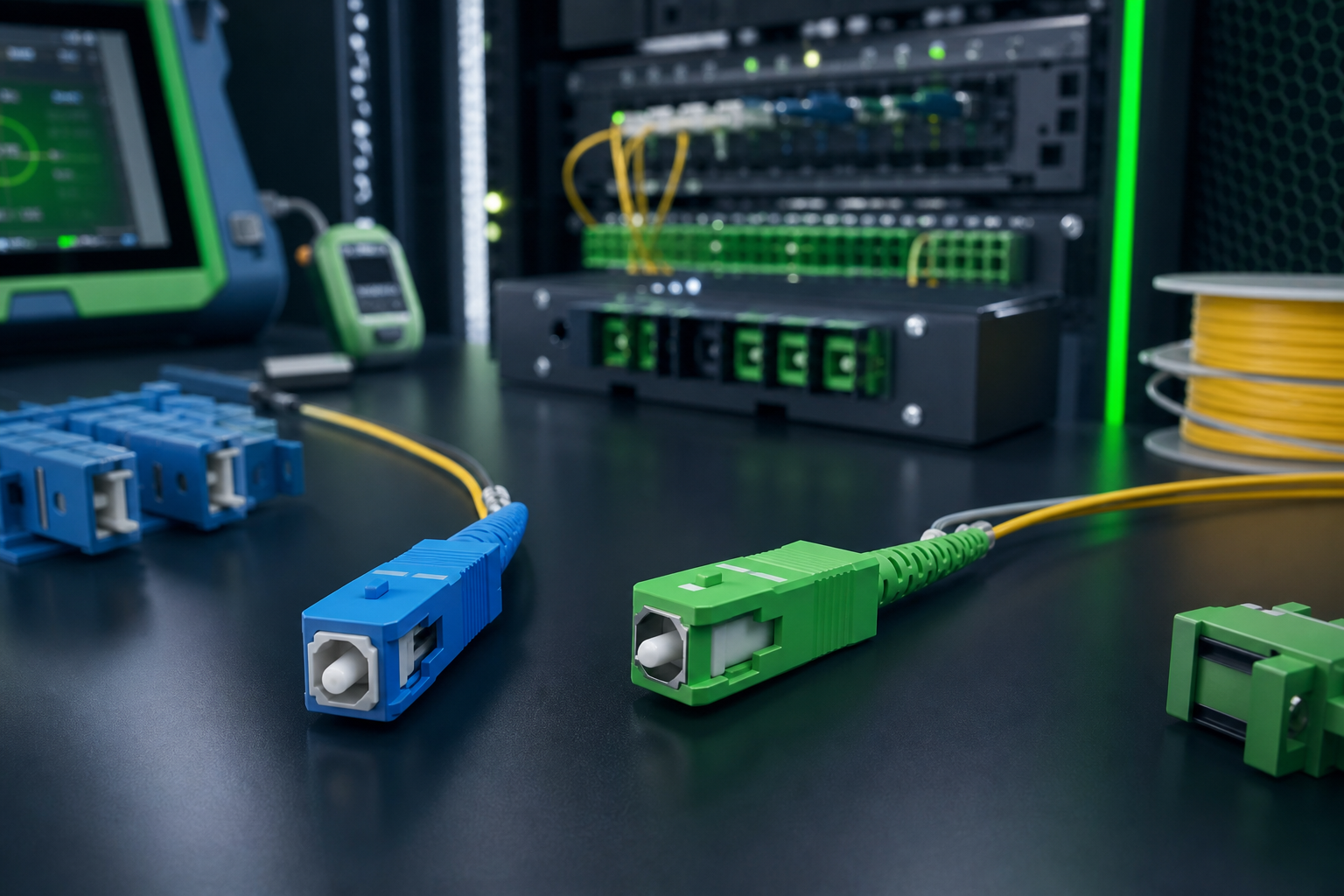 Connettori in fibra ottica SC/UPC blu e SC/APC verde su un banco tecnico
