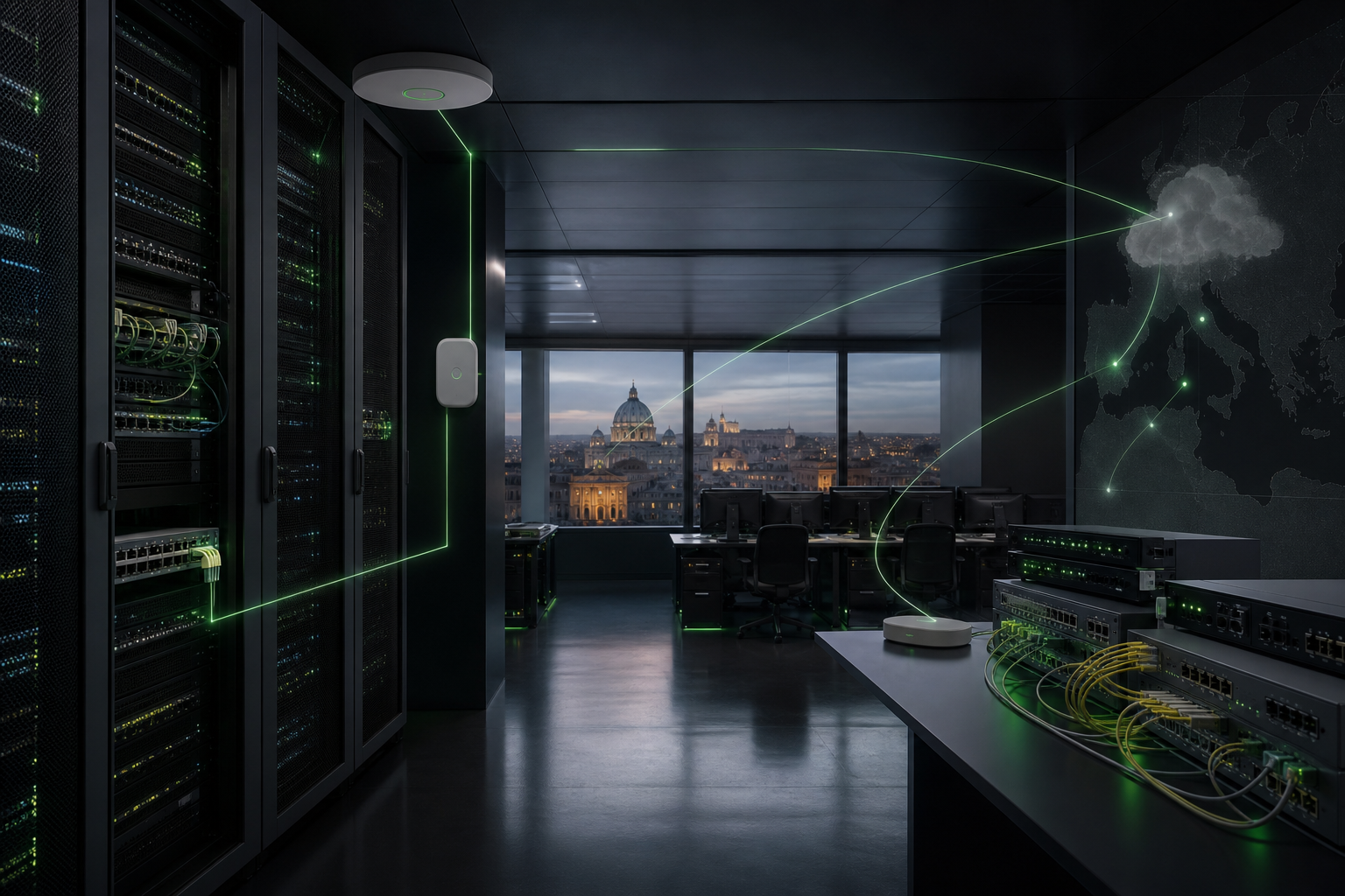 Webbo e Alconn: infrastrutture IT per aziende a Roma Infrastruttura IT aziendale con networking, sicurezza e connettività multi-sede